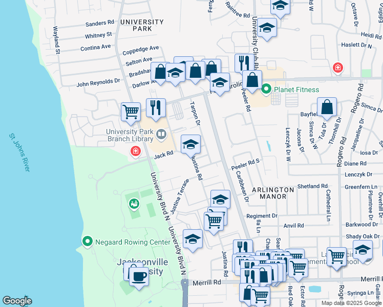 map of restaurants, bars, coffee shops, grocery stores, and more near 5803 Jack Road in Jacksonville