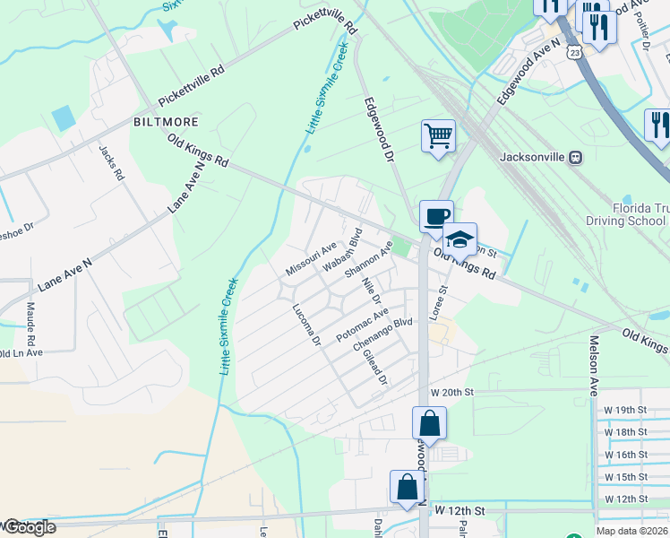 map of restaurants, bars, coffee shops, grocery stores, and more near 5203 Wabash Boulevard in Jacksonville