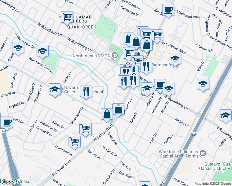 map of restaurants, bars, coffee shops, grocery stores, and more near 9036 North Lamar Boulevard in Austin