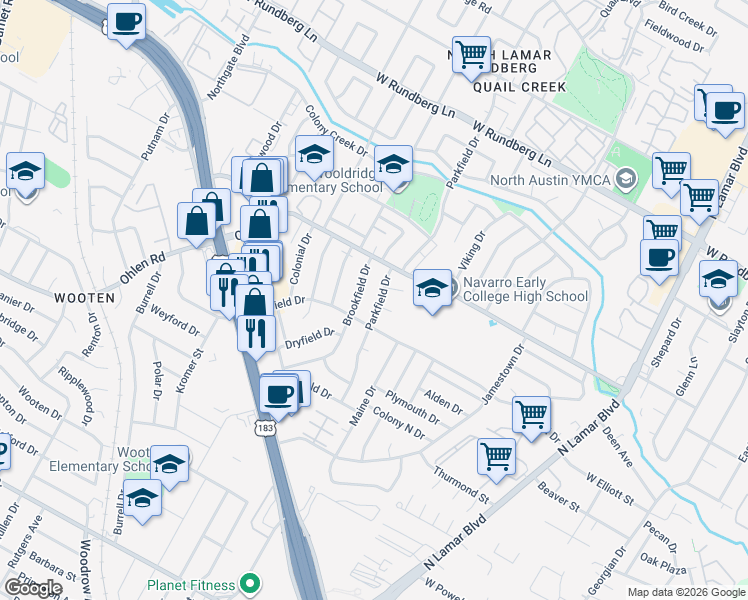 map of restaurants, bars, coffee shops, grocery stores, and more near 8706 Brookfield Drive in Austin