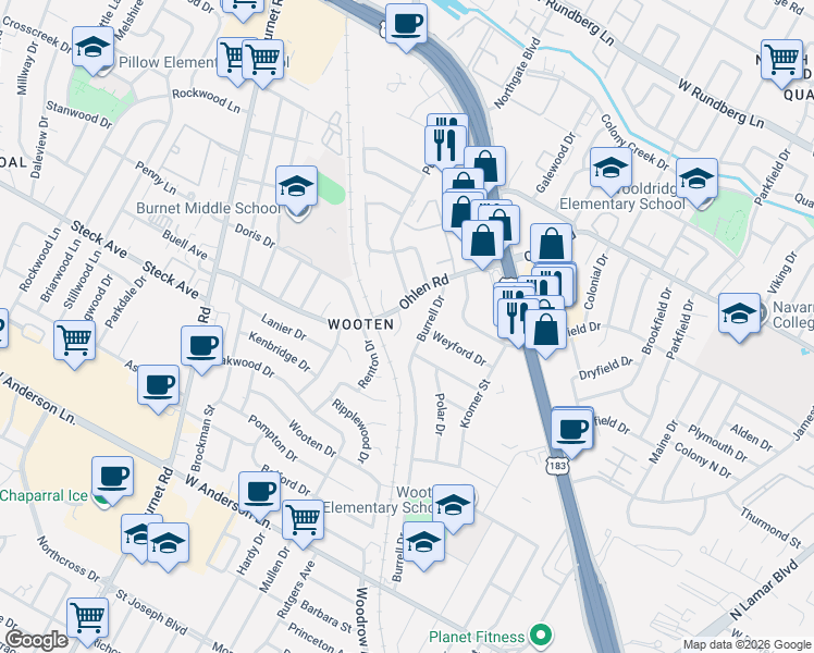 map of restaurants, bars, coffee shops, grocery stores, and more near 1809 Ohlen Road in Austin