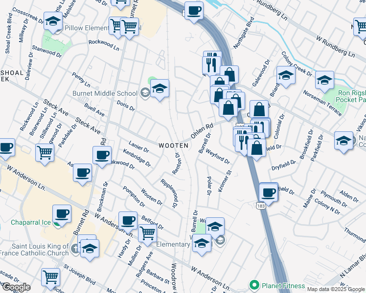 map of restaurants, bars, coffee shops, grocery stores, and more near 1809 Ohlen Road in Austin