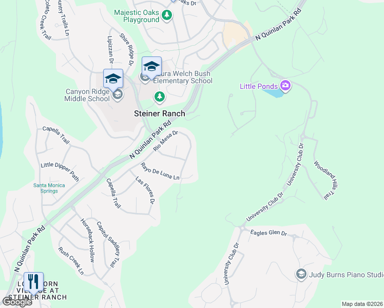 map of restaurants, bars, coffee shops, grocery stores, and more near 2620 Rio Mesa Drive in Austin