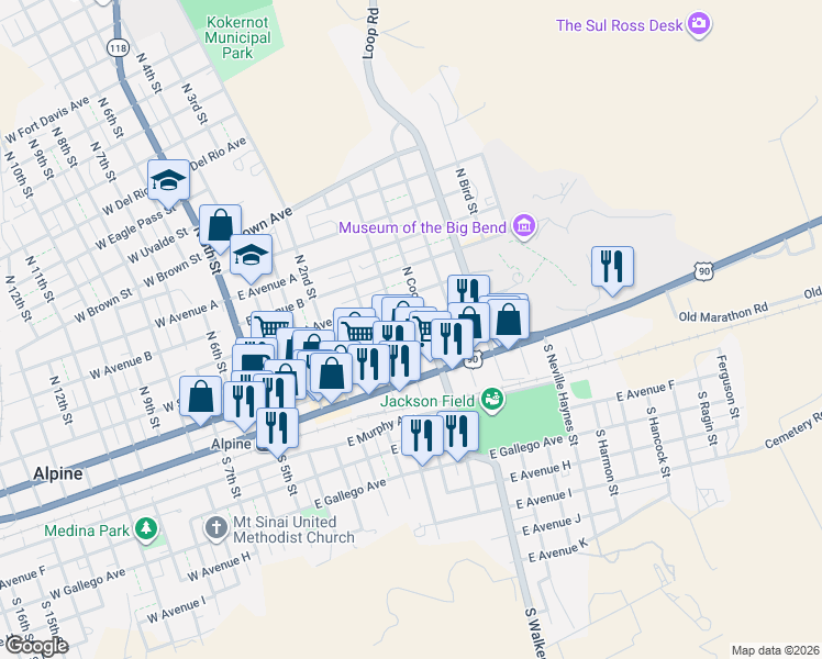 map of restaurants, bars, coffee shops, grocery stores, and more near 701 E Sul Ross Ave in Alpine