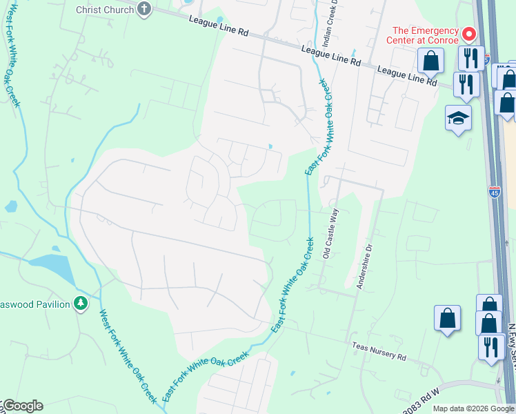 map of restaurants, bars, coffee shops, grocery stores, and more near 5813-8099 Cross Creek Road in Conroe