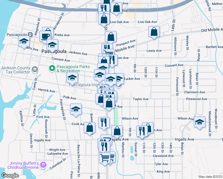 map of restaurants, bars, coffee shops, grocery stores, and more near 2602 Market Street in Pascagoula