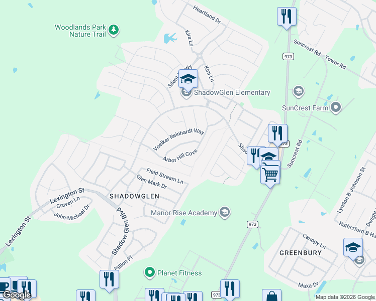 map of restaurants, bars, coffee shops, grocery stores, and more near 11901 Emerald Springs Lane in Manor