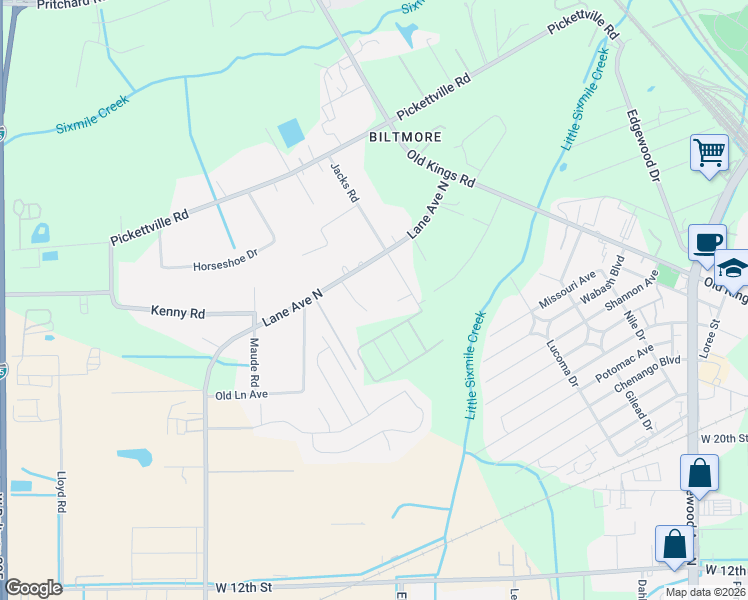 map of restaurants, bars, coffee shops, grocery stores, and more near 3269 Lane Avenue North in Jacksonville