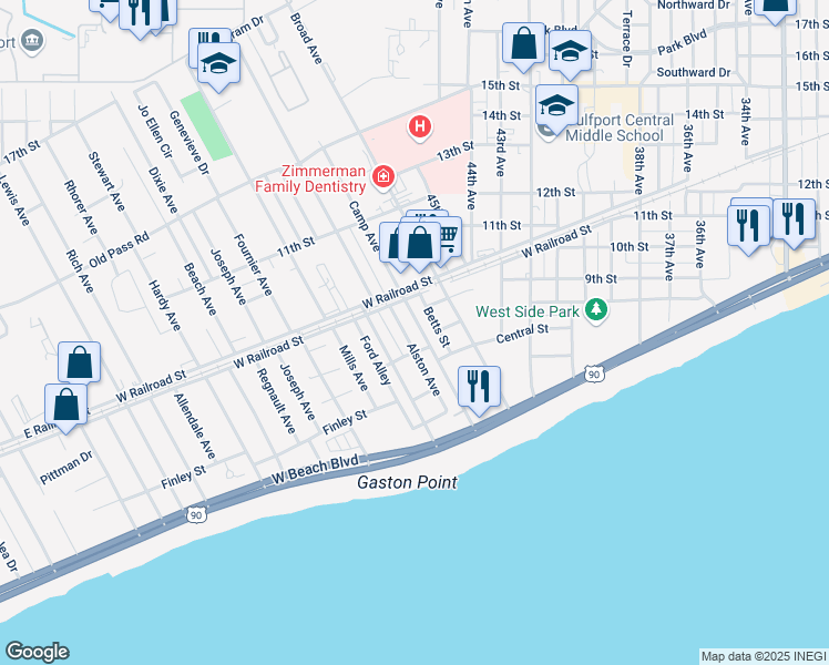 map of restaurants, bars, coffee shops, grocery stores, and more near 811 Camp Avenue in Gulfport