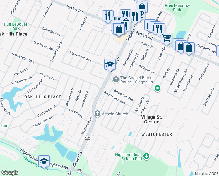map of restaurants, bars, coffee shops, grocery stores, and more near 1541 Quail Hollow Drive in Baton Rouge