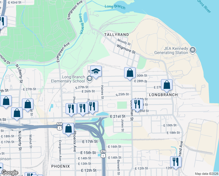 map of restaurants, bars, coffee shops, grocery stores, and more near 1441 East 27th Street in Jacksonville