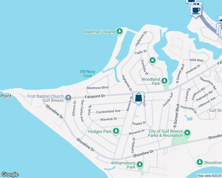 map of restaurants, bars, coffee shops, grocery stores, and more near 420 Montrose Boulevard in Gulf Breeze