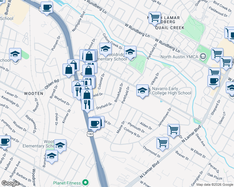 map of restaurants, bars, coffee shops, grocery stores, and more near 8706 Brookfield Drive in Austin