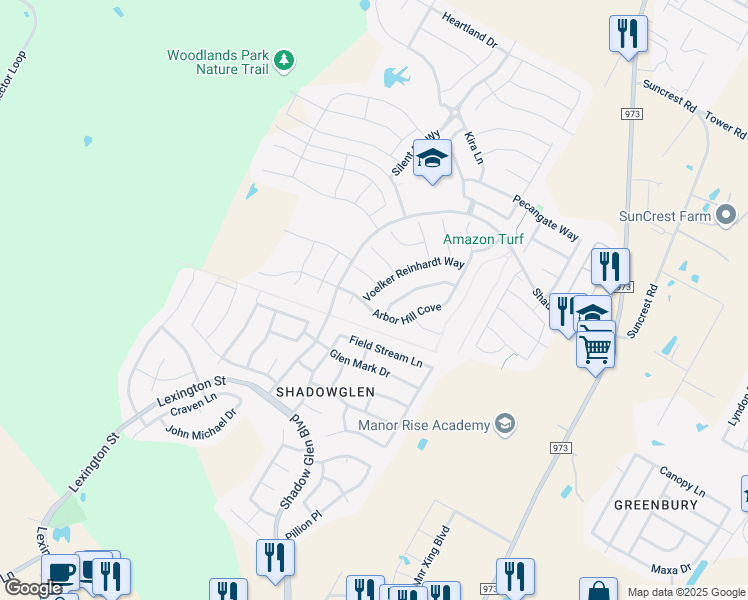 map of restaurants, bars, coffee shops, grocery stores, and more near 11705 Voelker Reinhardt Way in Manor