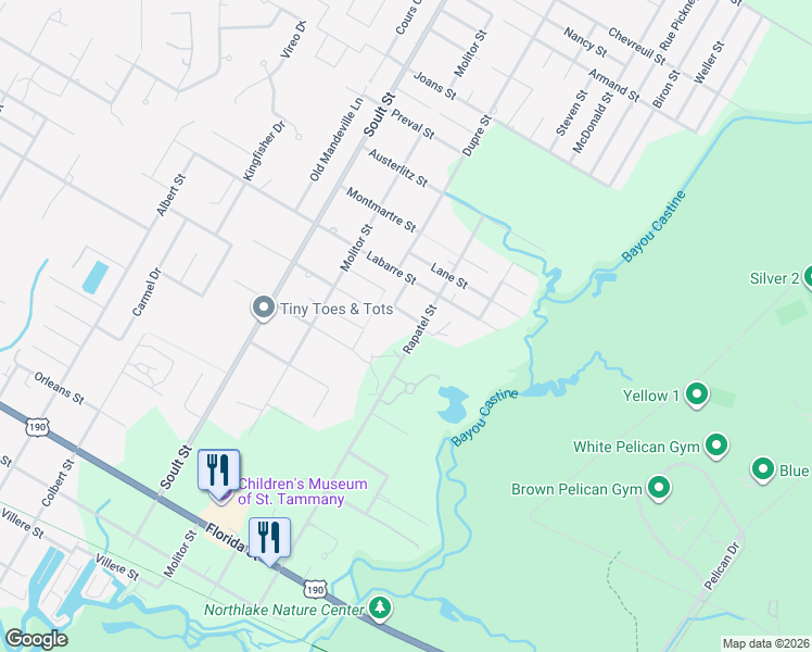 map of restaurants, bars, coffee shops, grocery stores, and more near 1532 Cherry Ridge Court in Mandeville