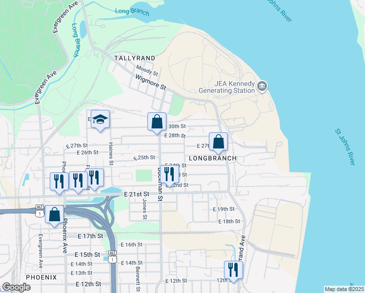 map of restaurants, bars, coffee shops, grocery stores, and more near 1786 East 27th Street in Jacksonville