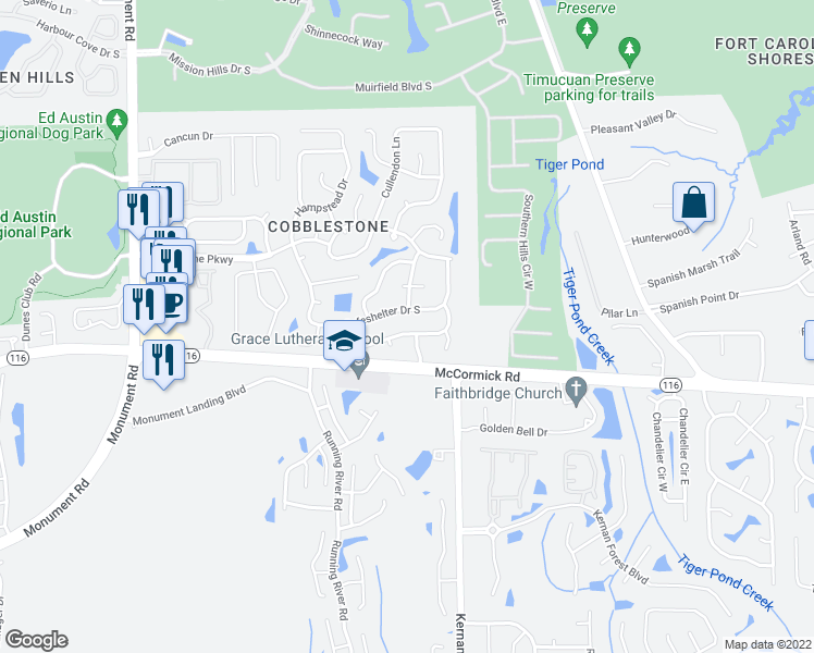 map of restaurants, bars, coffee shops, grocery stores, and more near 12425 Rochford Lane in Jacksonville