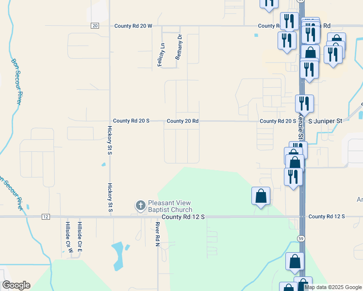 map of restaurants, bars, coffee shops, grocery stores, and more near 19372 County Road 20 South in Foley