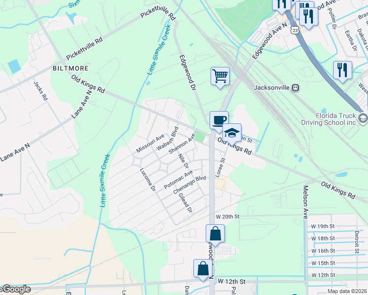 map of restaurants, bars, coffee shops, grocery stores, and more near 5133 Shannon Avenue in Jacksonville