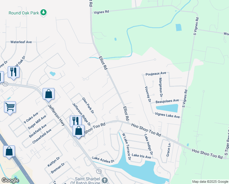 map of restaurants, bars, coffee shops, grocery stores, and more near 9932 Elliot Road in Baton Rouge
