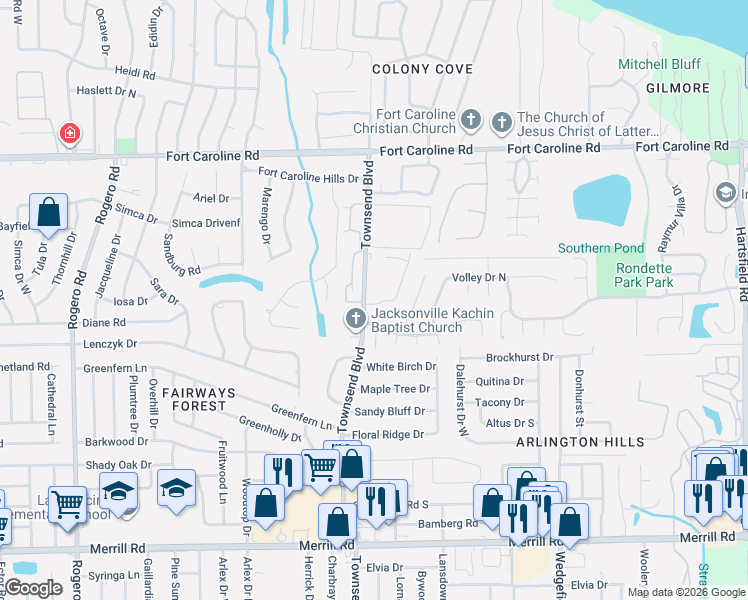 map of restaurants, bars, coffee shops, grocery stores, and more near 3501 Townsend Boulevard in Jacksonville