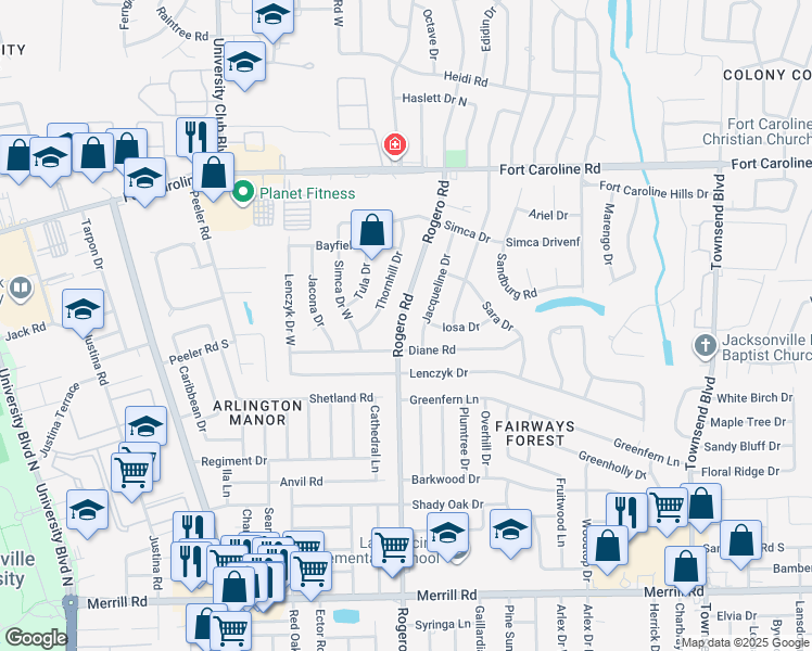 map of restaurants, bars, coffee shops, grocery stores, and more near 3417 Rogero Road in Jacksonville