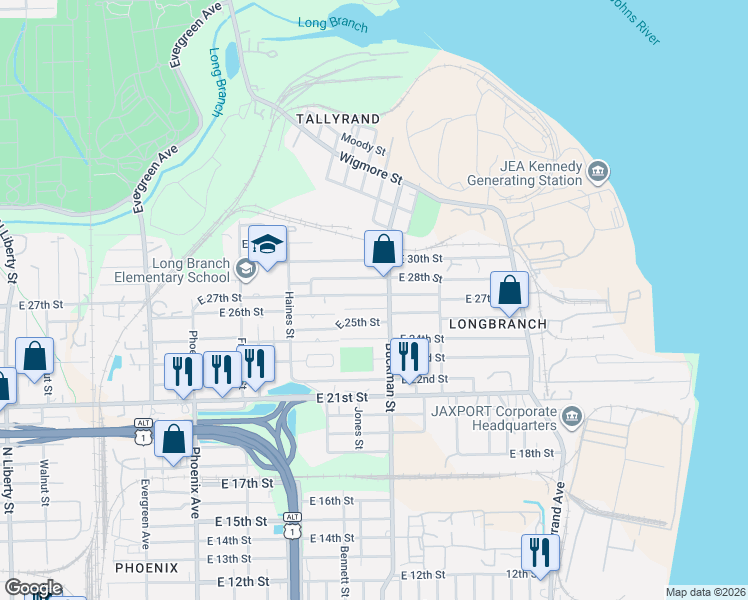 map of restaurants, bars, coffee shops, grocery stores, and more near 1623 East 27th Street in Jacksonville
