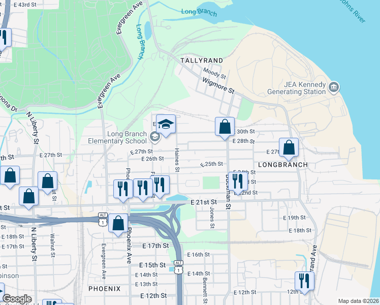 map of restaurants, bars, coffee shops, grocery stores, and more near 1441 East 27th Street in Jacksonville