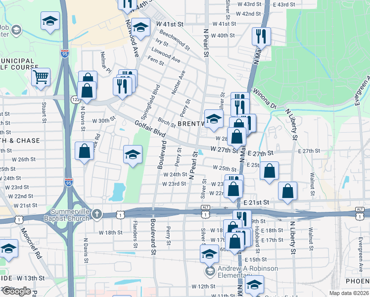 map of restaurants, bars, coffee shops, grocery stores, and more near 333 Golfair Boulevard in Jacksonville