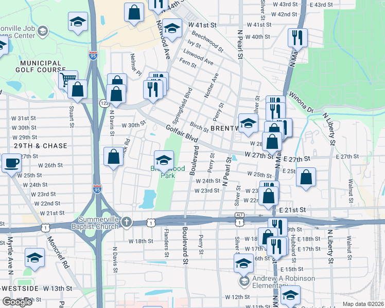 map of restaurants, bars, coffee shops, grocery stores, and more near 432 Golfair Boulevard in Jacksonville