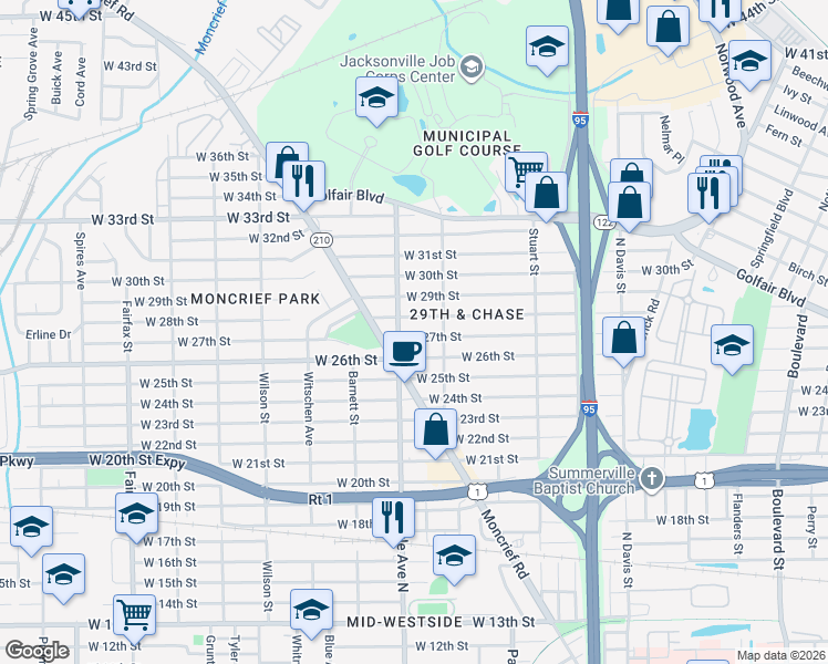map of restaurants, bars, coffee shops, grocery stores, and more near 1262 West 28th Street in Jacksonville