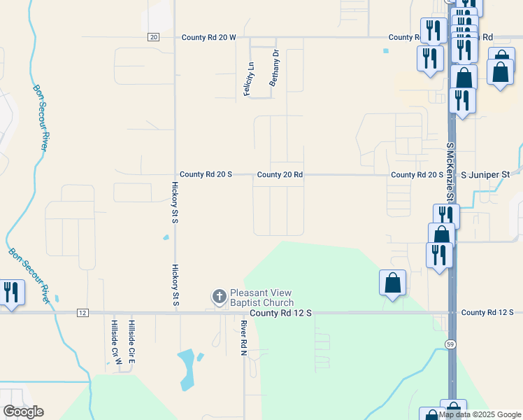 map of restaurants, bars, coffee shops, grocery stores, and more near 19372 County Road 20 South in Foley