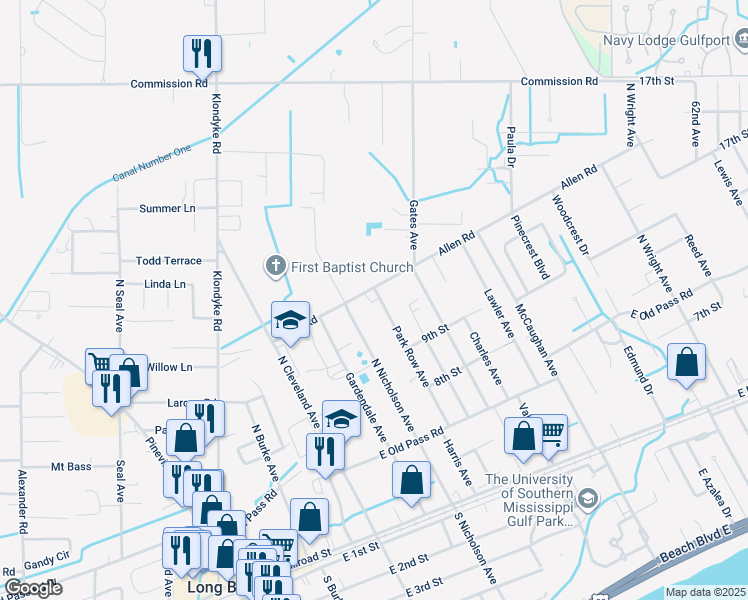 map of restaurants, bars, coffee shops, grocery stores, and more near 18146 Allen Road in Long Beach