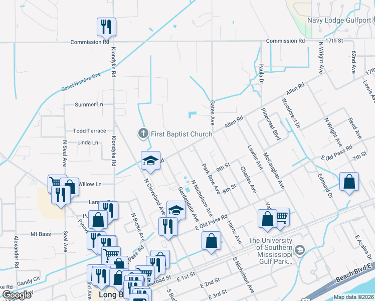 map of restaurants, bars, coffee shops, grocery stores, and more near 18146 Allen Road in Long Beach