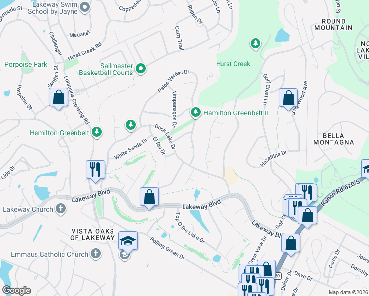 map of restaurants, bars, coffee shops, grocery stores, and more near 104 Fallbrook Court in Lakeway