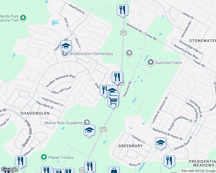 map of restaurants, bars, coffee shops, grocery stores, and more near 12500 Shadowglen Trace in Manor