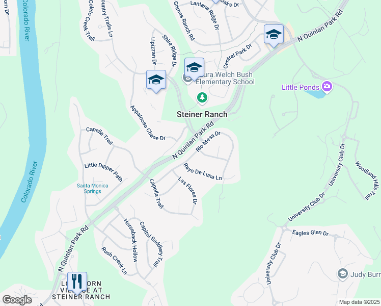 map of restaurants, bars, coffee shops, grocery stores, and more near 2222 Rio Mesa Drive in Austin