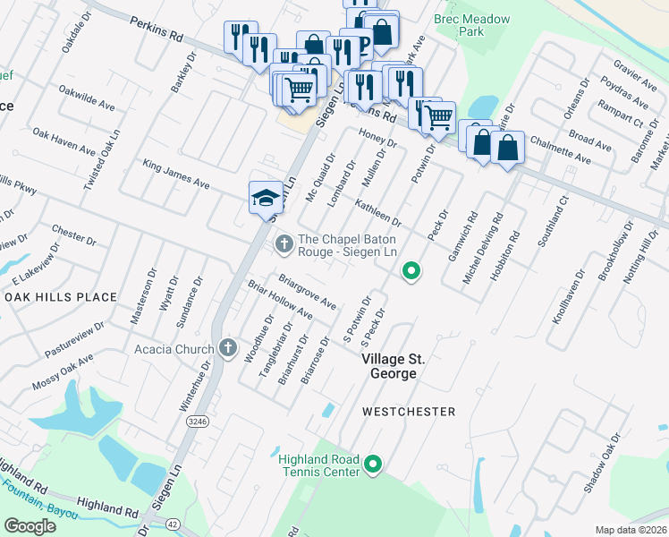 map of restaurants, bars, coffee shops, grocery stores, and more near 13880 Jolli Saint Drive in Baton Rouge