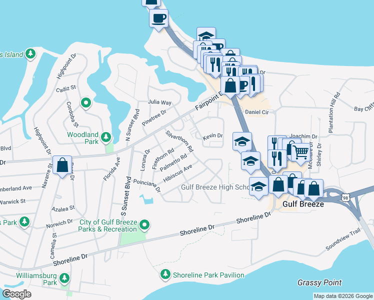 map of restaurants, bars, coffee shops, grocery stores, and more near 201 Silverthorn Road in Gulf Breeze