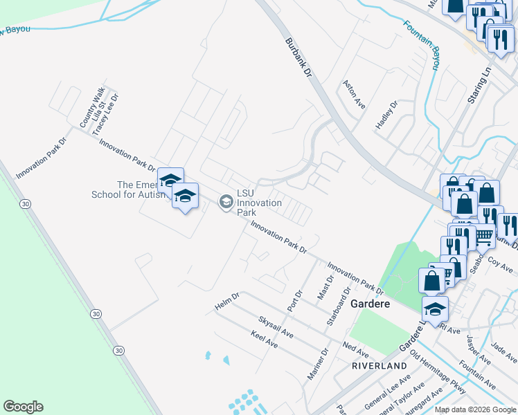 map of restaurants, bars, coffee shops, grocery stores, and more near 1440 Pelican Club Drive in Baton Rouge