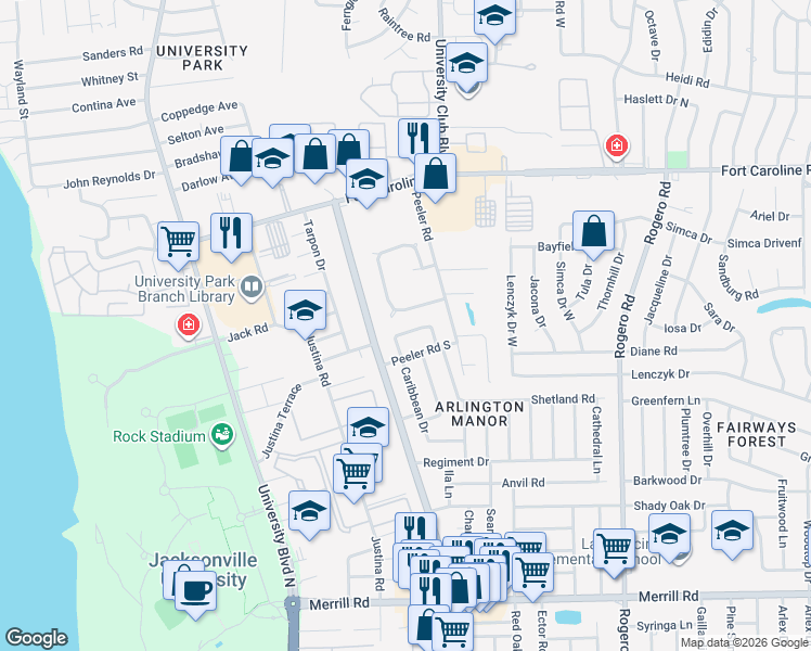 map of restaurants, bars, coffee shops, grocery stores, and more near 5902 Wentworth Circle South in Jacksonville