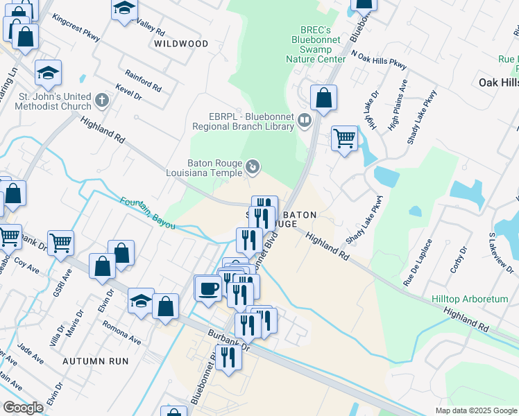 map of restaurants, bars, coffee shops, grocery stores, and more near Highland Road in Baton Rouge