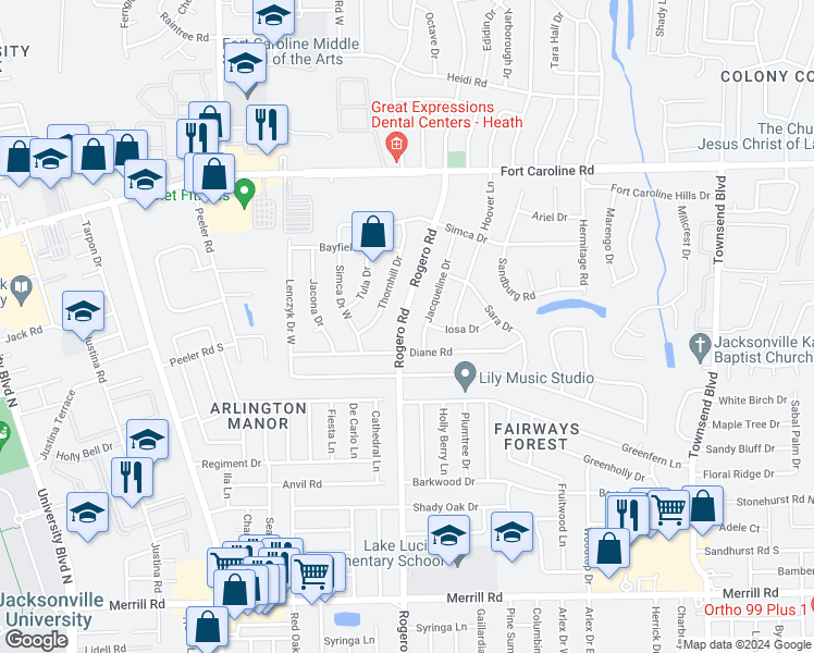 map of restaurants, bars, coffee shops, grocery stores, and more near 3403 Rogero Road in Jacksonville