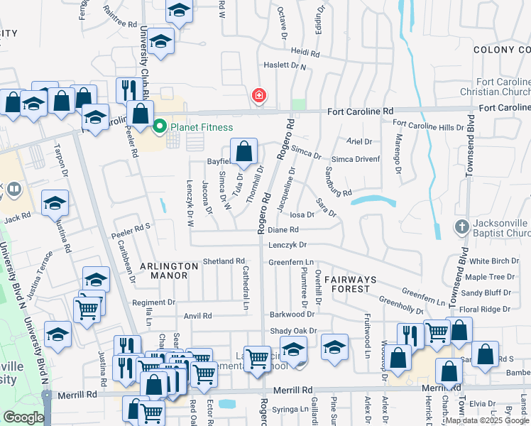 map of restaurants, bars, coffee shops, grocery stores, and more near 3417 Rogero Road in Jacksonville