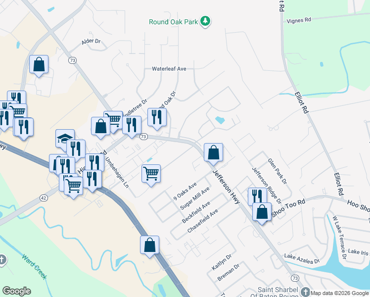 map of restaurants, bars, coffee shops, grocery stores, and more near 17444 Jefferson Highway in Baton Rouge