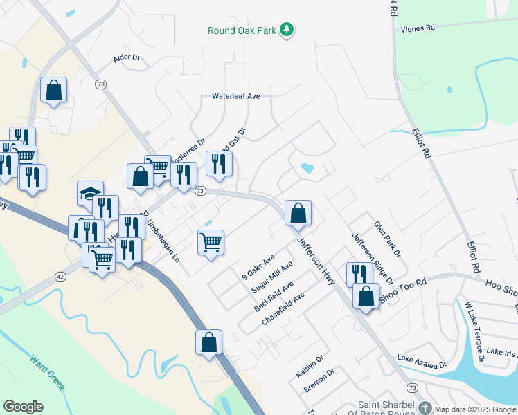 map of restaurants, bars, coffee shops, grocery stores, and more near 17444 Jefferson Highway in Baton Rouge