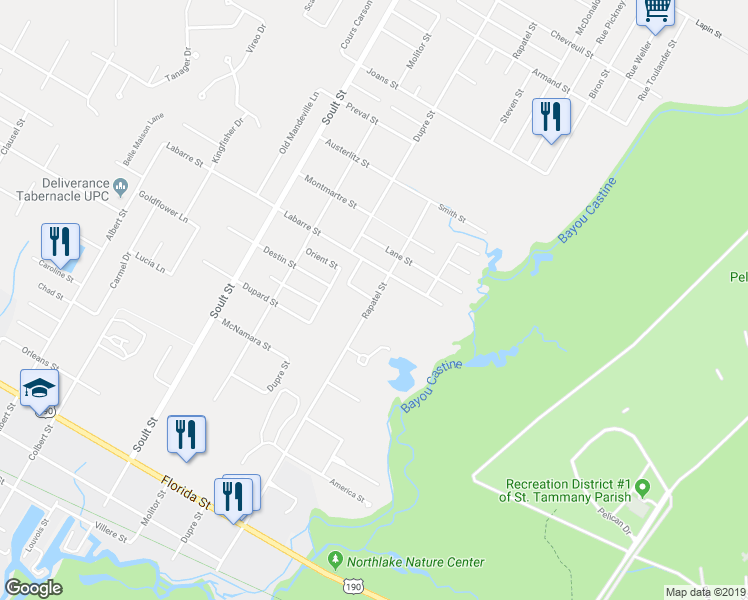 map of restaurants, bars, coffee shops, grocery stores, and more near 1524 Rapatel Street in Mandeville