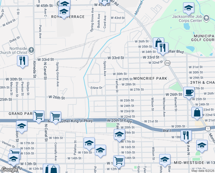 map of restaurants, bars, coffee shops, grocery stores, and more near 3804 Spires Avenue in Jacksonville