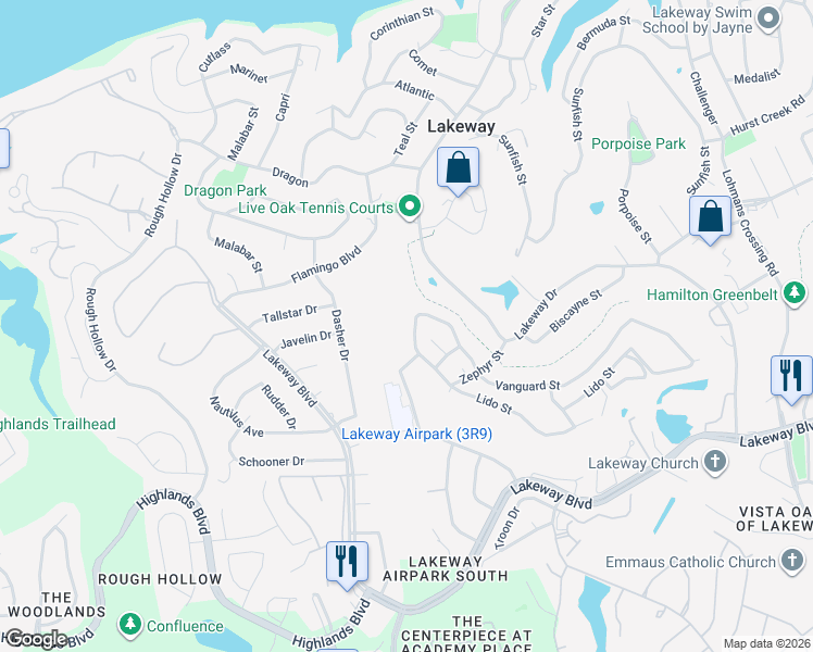 map of restaurants, bars, coffee shops, grocery stores, and more near 728 Vanguard Street in Lakeway