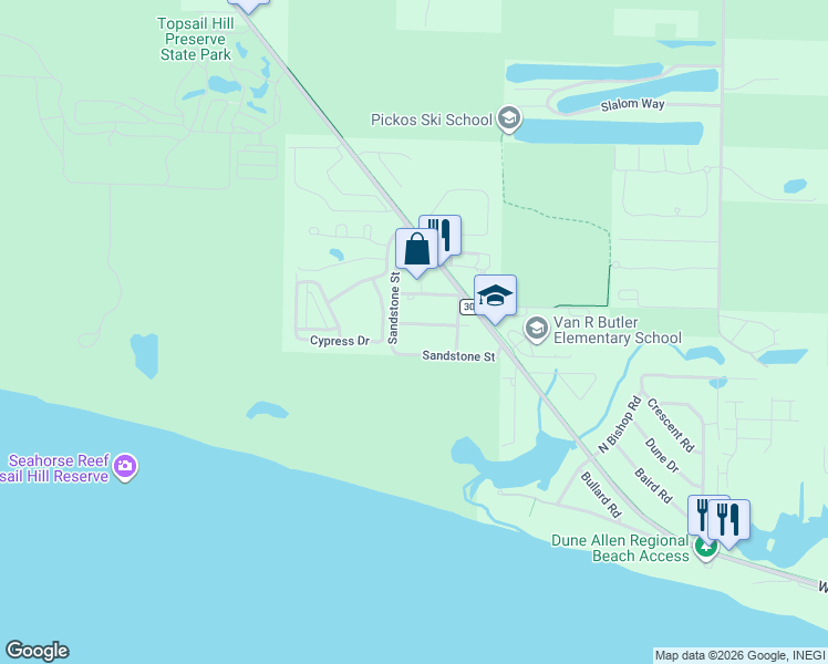map of restaurants, bars, coffee shops, grocery stores, and more near 97 Grande Avenue in Santa Rosa Beach